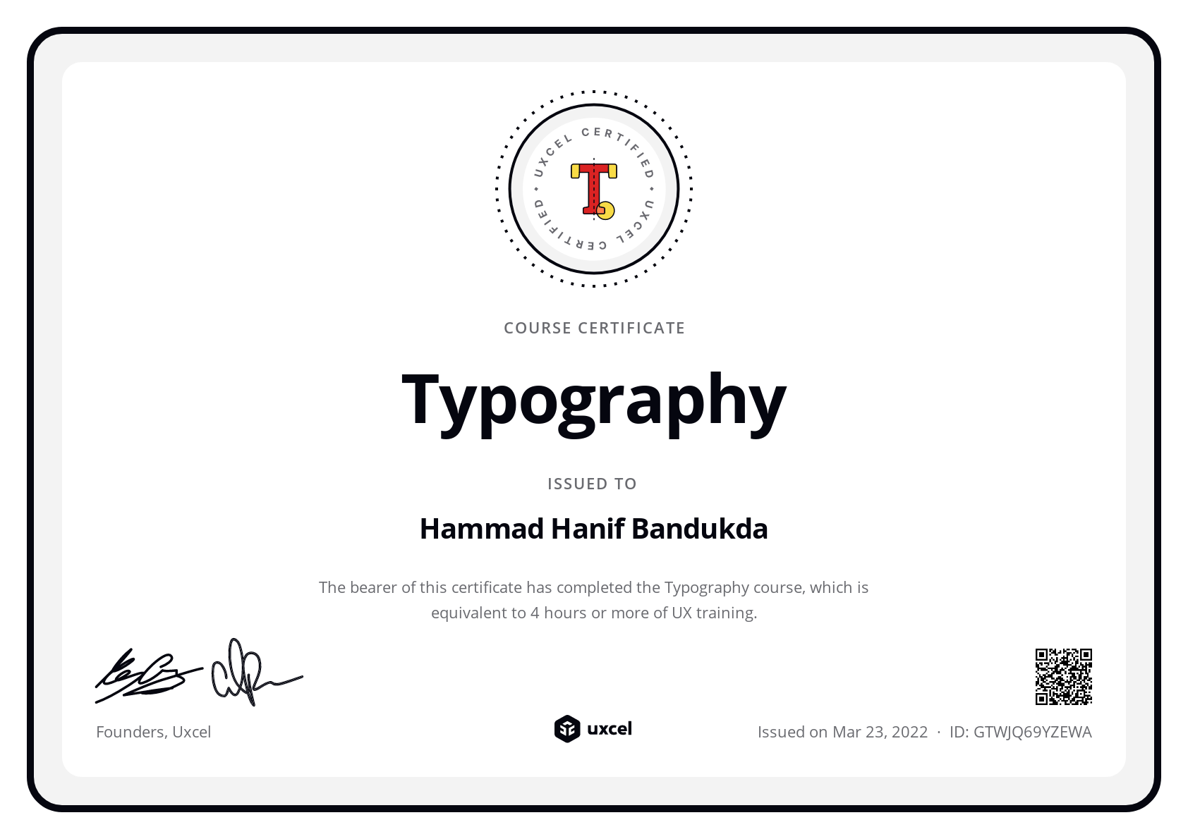 Hammad Hanif Bandukda's certificate